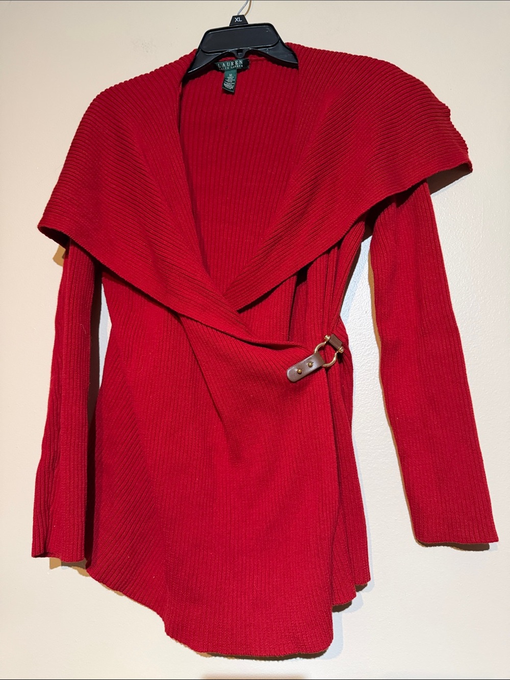 LAUREN Ralph Lauren Red Ribbed Wrap Cardigan with Buckle Detail